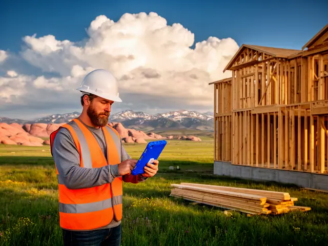 Bearded man in white hard hat and orange hi-vis vest uses a blue rugged tablet beside a wood-framed building on green prairie with pink granite and distant snowy range