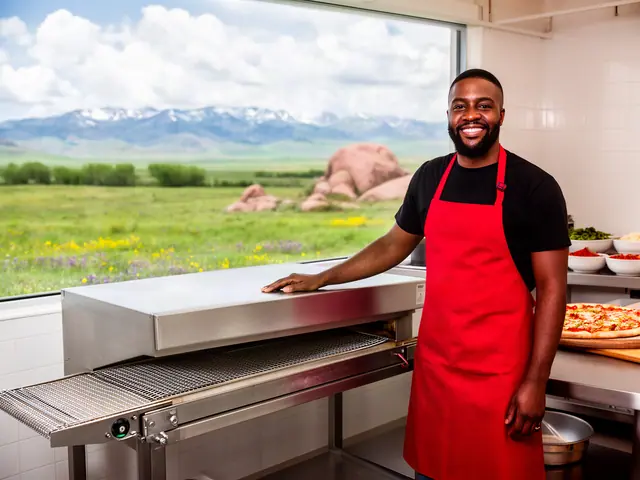 Smiling man in red apron and black tee rests one hand on a stainless conveyor pizza oven in a small kitchen, green plains through the window