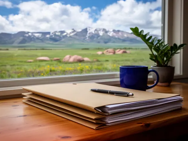 Stack of plain manila folders with papers and a black pen on a pine desk beside a blue mug and plant, window onto green plains and snowy range