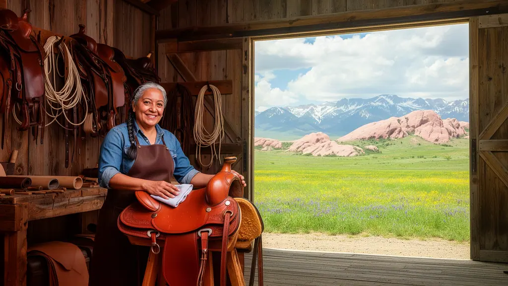 Smiling grey-haired saddle maker in denim shirt and leather apron polishing a tooled saddle in a rustic barn, open doors onto green plains, pink granite and snowy mountains