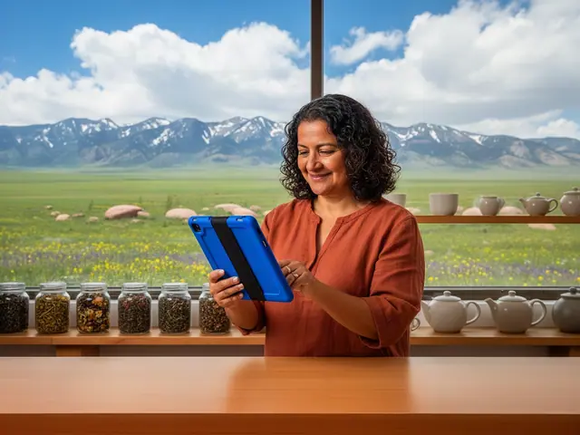 Smiling woman with dark curly hair in rust-orange tunic uses a blue rugged tablet at a wooden counter with tea jars and teapots before a plains window