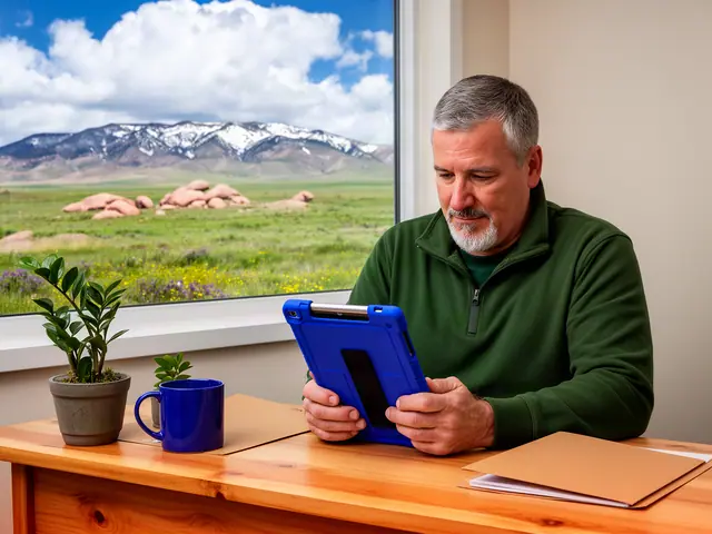 Man with grey hair and goatee in green fleece reads a blue rugged tablet at a wooden desk by a window onto green plains