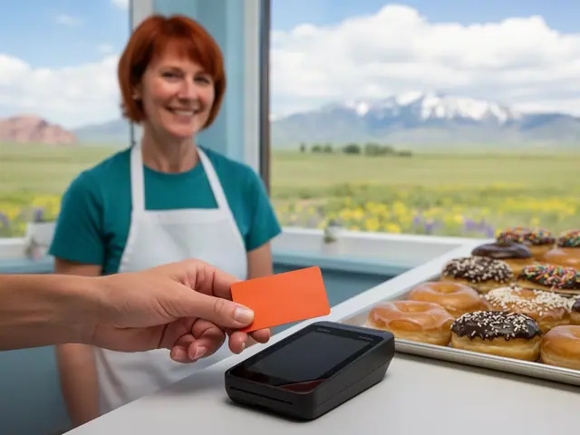 Smiling woman in teal tee and white apron behind a counter as a customer hand holds a plain orange card above a black card terminal, donut tray at right