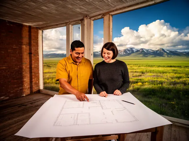 Two business partners, a man in mustard shirt and a woman in dark sweater, smile over a pencil floor plan on a table in a renovated brick room
